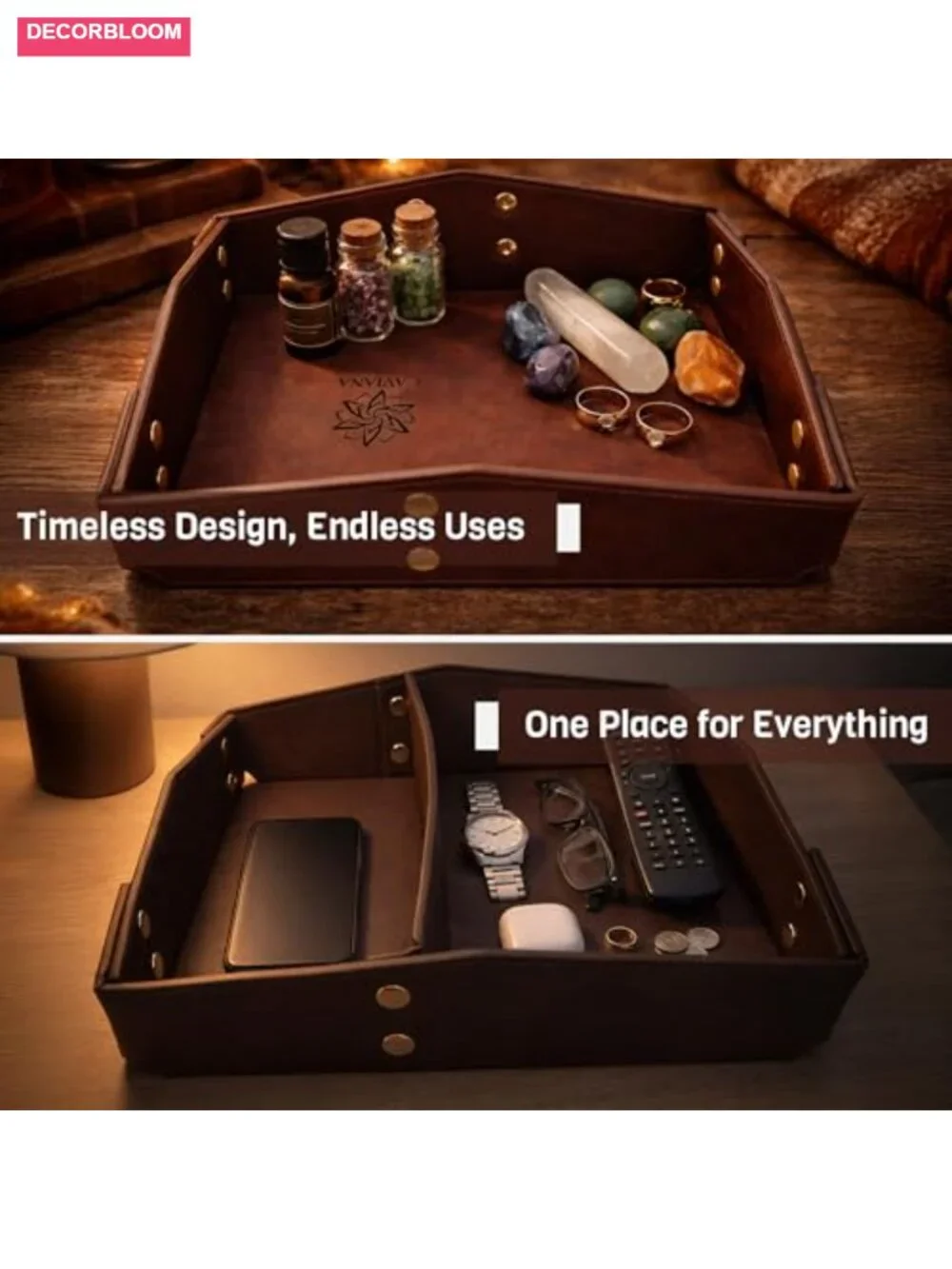 PU Leather Catch All Tray with Removable Divider - EDC Organizer